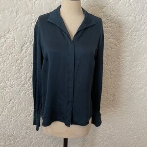 Lafayette 148 Button Up 100% Silk Blouse in Dark Green Womens 12 Long Sleeve Top